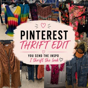 May include: A collage of various clothing items including a rainbow gradient dress, floral and animal print garments, brown corduroy pants, a pink patterned dress, and blue denim jeans, overlaid with text reading PINTEREST THRIFT EDIT.