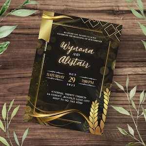 Elegant Black and Gold Leaf Wedding Invitation - Printable Editable PDF Template, Digital Download Invite