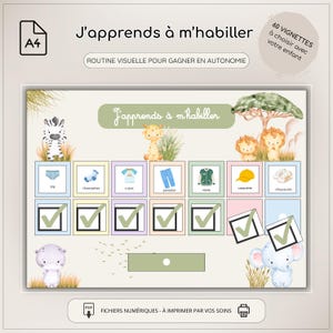 Peut inclure: Tableau de routine visuelle A4 avec le texte "J'apprends à m'habiller" et "Routine Visuelle Pour Gagner En Autonomie". Le tableau présente des articles vestimentaires illustrés, des cases à cocher et des personnages d'animaux. Le texte "60 vignettes à choisir avec votre enfant" est également présent.