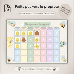 Può includere: Grafico stampabile in formato A4 intitolato "Petits pas vers la propreté" (Piccoli passi verso la pulizia). Il grafico presenta un programma settimanale con icone illustrate e il testo "Routine Visuelle Pour Gagner En Autonomie". Include 60 vignette tra cui scegliere.