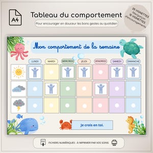Puede incluir: Tabla de comportamiento A4 con temática marina. La tabla presenta un diseño semanal con casillas coloridas para el seguimiento del comportamiento. Incluye ilustraciones de criaturas marinas, el texto "Mi comportamiento de la semana" y la frase "Creo en ti."