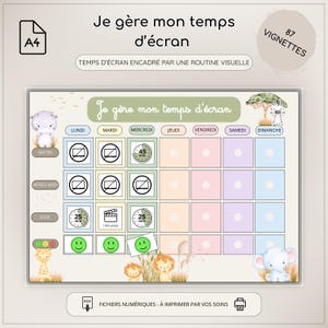 Könnte beinhalten: Druckbare Bildschirmzeit-Management-Tabelle im A4-Format mit farbenfrohem Design. Die Tabelle enthält einen Wochenplan mit Feldern für Aktivitäten am Morgen, Nachmittag und Abend sowie niedliche Tierillustrationen. Der Text lautet "Je gère mon temps d'écran".