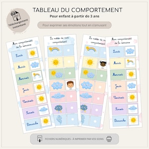 May include: Behavior chart for children, featuring colorful illustrations of weather and emotions. The chart includes days of the week and spaces for tracking feelings. Text includes "Behavior Chart" and "For children 3 years and up."