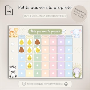 Puede incluir: Gráfico imprimible tamaño A4 con el título "Petits pas vers la propreté" y el texto "Routine visuelle pour gagner en autonomie". El gráfico presenta una cuadrícula con cuadrados coloridos, ilustraciones de animales e iconos.