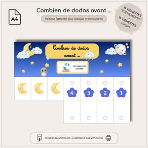 May include: A4 printable chart with a night sky theme. The chart features the text "Combien de dodos avant..." and "Les vacances à la mer". It includes illustrations of moons, clouds, stars, and an owl, with numbered flower shapes.