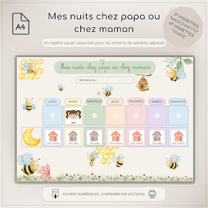 Peut inclure: Un planning imprimable au format A4 pour les enfants de parents séparés. Le design sur le thème des abeilles affiche le texte "Mes nuits chez papa ou chez maman". Il comprend des espaces pour chaque jour de la semaine, avec des icônes de maison et de visage.