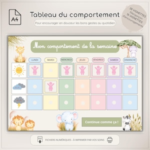Könnte beinhalten: A4-großes Verhaltensdiagramm mit dem Titel "Tableau du comportement" und dem Text "Mon comportement de la semaine". Das Diagramm zeigt farbige Kästchen für jeden Wochentag, mit Tierillustrationen und ermutigenden Sätzen.