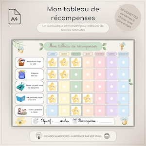 May include: A4-sized reward chart with the title "My Reward Chart" in French. The chart features a grid for daily tasks, star icons, and the text "30 task options to choose with your child." The chart is designed to encourage good habits.