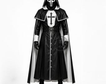 Black Leather Nun Costume, Hooded Cloak, Gothic Halloween Outfit, Dark Religious Cosplay