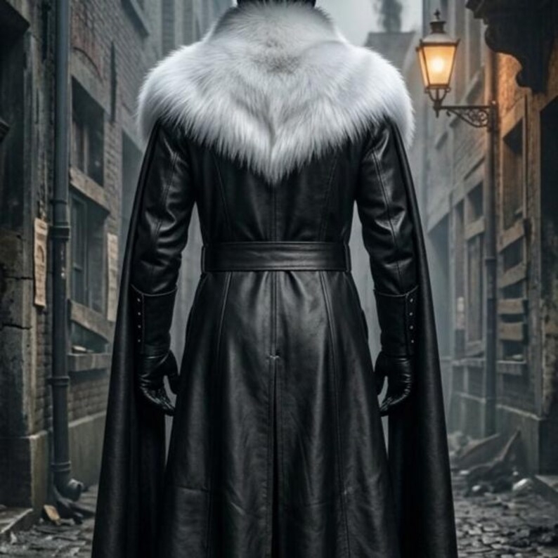 Men’s black leather Plague Doctor costume featuring a long double-breasted gothic coat, white fur shoulder collar, flowing black cape, matching leather pants, gloves, black boots, wide-brim hat, and classic beaked Plague Doctor mask. Full-body medieval dark fantasy outfit shown in an old plague-era street setting, ideal for Halloween cosplay, gothic events, LARP, Renaissance fairs, steampunk costumes, horror conventions, theater, and photoshoots.