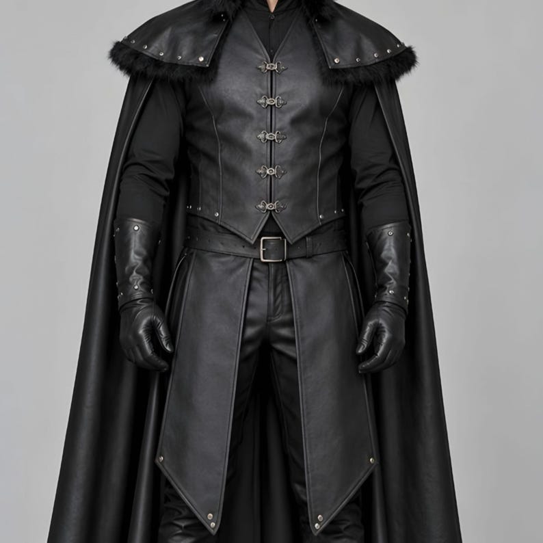 Front view of a man in a black leather wizard costume against a gray studio background. He wears a tall pointed hat, a fitted vest with silver clasps, and a long cloak with black fur trim around the collar and shoulders. Small silver rivets line the shoulder capelet and leather bracers. A buckle belt holds two long pointed waist panels over black trousers. Black gloves and tall boots complete the styling. The model faces forward with his arms relaxed, displaying the full outfit from head to toe.