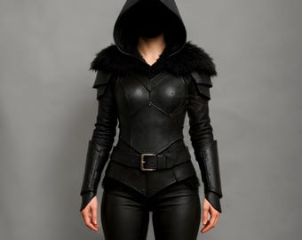Chaqueta de cuero con capucha negra y ribete de piel, disfraz de cosplay de fantasía para mujer