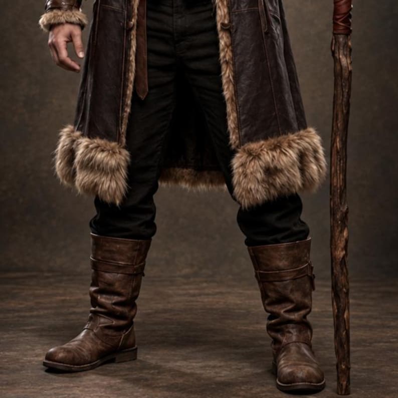 Men’s Viking warrior leather coat in rugged brown with a long medieval silhouette, wide synthetic faux fur collar, fur-trimmed cuffs and hem, front leather straps, metal buckle closures, and detailed stitched panels. The costume is styled over dark clothing for a bold Norse warrior look. Ideal for Viking cosplay, medieval LARP, Renaissance fairs, Halloween costumes, fantasy events, themed parties, stage performances, conventions, and dramatic medieval photoshoots.