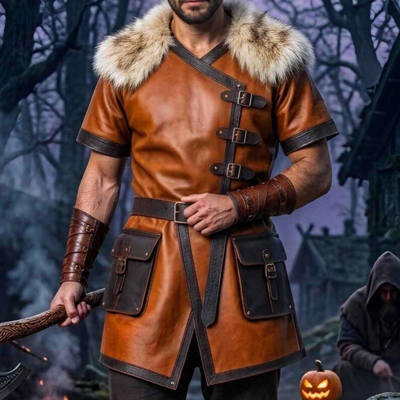Men’s Viking leather tunic costume in brown leather with a wide fur shoulder collar, dark brown trim, adjustable buckle closures, waist belt, utility pouches, and matching leather forearm bracers. Front and back views show the knee-length Norse warrior tunic with short sleeves, fur across the shoulders, fitted belt, and medieval detailing. Ideal for Viking cosplay, LARP, Renaissance fairs, Halloween, fantasy events, and Norse warrior costumes.