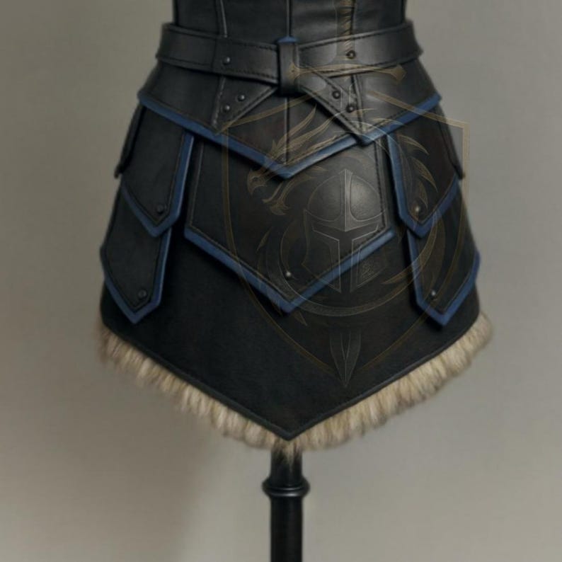 womens medieval leather armor, genuine leather cosplay set, dragon print chestplate, fur shoulder armor, blue trim armor dress, LARP viking warrior outfits, renaissance faire costume, fantasy armor for women, black leather body armor, adjustable buckle armor, handmade leather costume, gothic knight cosplay, historical reenactment gear, stage and theater armor, photography armor, custom size leather armor, dragon emblem armor, warrior queen outfit, faux fur shoulder pauldrons, layered skirt armor
