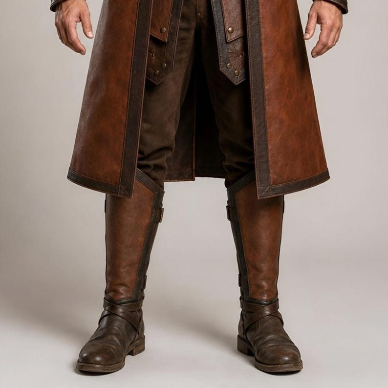 Front and back views of a handmade men’s brown leather Viking coat costume featuring a long medieval warrior design, wide cream fur shoulder collar, lace-up front, metal buckle closures, waist belt, dark leather trim, fitted sleeves, wrist guards, split coat hem, matching brown trousers, and tall leather boots. Rustic fantasy outfit inspired by Norse styles, ideal for Viking cosplay, Renaissance fairs, LARP events, Halloween costumes, stage performances, themed parties, and fantasy photoshoots.