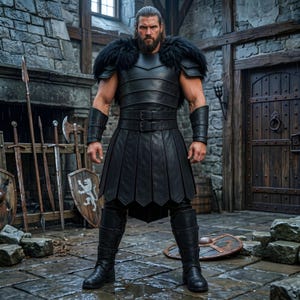 Men’s black Viking leather armor costume with layered chest panels, dramatic black fur shoulder trim, double buckle waist belts, segmented leather battle skirt, matching forearm bracers, and black leg armor. Full front view shows a dark Norse warrior outfit with structured leather detailing and rugged medieval styling. Ideal for Viking cosplay, medieval LARP, Renaissance fairs, Halloween, fantasy conventions, warrior costumes, stage events, and themed photoshoots.