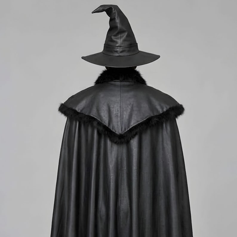 Front view of a man in a black leather wizard costume against a gray studio background. He wears a tall pointed hat, a fitted vest with silver clasps, and a long cloak with black fur trim around the collar and shoulders. Small silver rivets line the shoulder capelet and leather bracers. A buckle belt holds two long pointed waist panels over black trousers. Black gloves and tall boots complete the styling. The model faces forward with his arms relaxed, displaying the full outfit from head to toe.