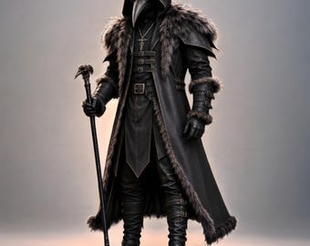 May include: A plague doctor costume featuring a black hooded coat with fur trim, a bird-like beak mask, and leather gloves. The outfit includes a black tunic, buckled trousers, and tall boots. A silver caduceus pendant hangs at the neck, and a black cane with a bird skull topper is held in one hand.