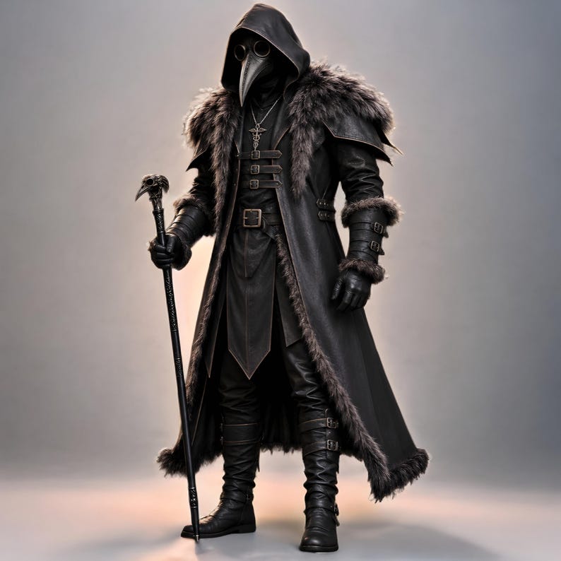 Black Leather Plague Doctor Costume | Hooded Fur Coat | Medieval Halloween Cosplay | LARP Renaissance Outfit