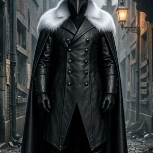 Men’s black leather Plague Doctor costume featuring a long double-breasted gothic coat, white fur shoulder collar, flowing black cape, matching leather pants, gloves, black boots, wide-brim hat, and classic beaked Plague Doctor mask. Full-body medieval dark fantasy outfit shown in an old plague-era street setting, ideal for Halloween cosplay, gothic events, LARP, Renaissance fairs, steampunk costumes, horror conventions, theater, and photoshoots.