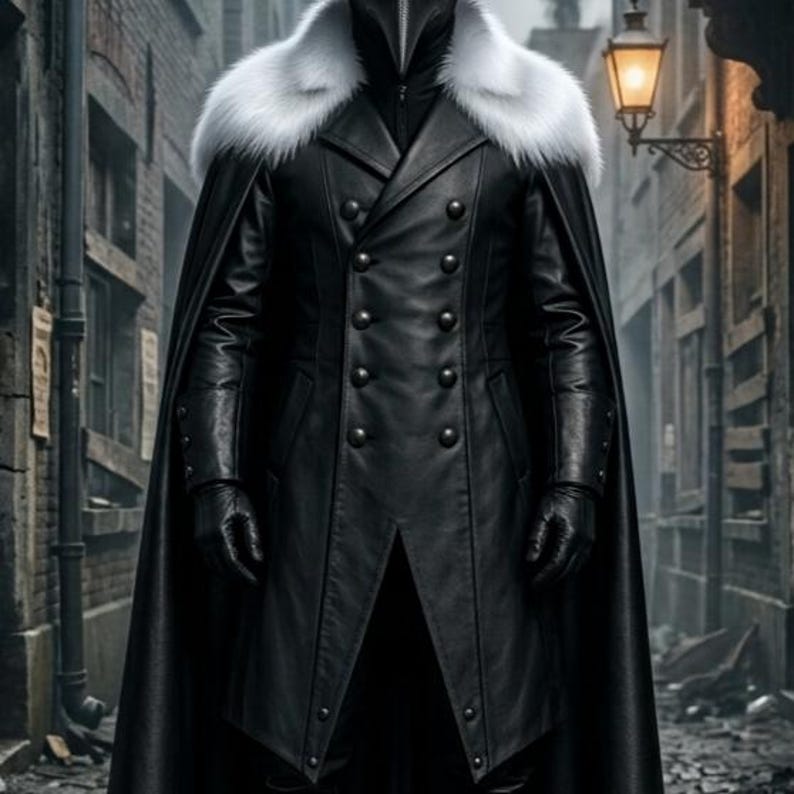 Men’s black leather Plague Doctor costume featuring a long double-breasted gothic coat, white fur shoulder collar, flowing black cape, matching leather pants, gloves, black boots, wide-brim hat, and classic beaked Plague Doctor mask. Full-body medieval dark fantasy outfit shown in an old plague-era street setting, ideal for Halloween cosplay, gothic events, LARP, Renaissance fairs, steampunk costumes, horror conventions, theater, and photoshoots.