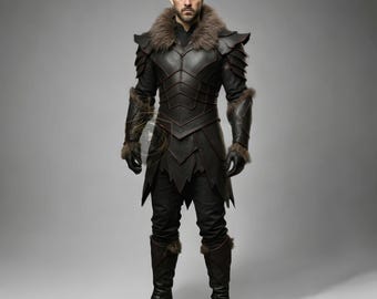 Puede incluir: Un disfraz de cuero marrón oscuro con ribete de piel, con un cuello alto y detalles intrincados. El atuendo incluye un abrigo largo, pantalones, guantes y botas. El disfraz está diseñado con un tema medieval o de fantasía.
