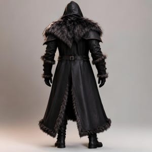Black leather plague doctor costume with a deep hood, fur-trimmed shoulders, long gothic coat, layered front panels, adjustable leather straps, arm guards, and matching leather leg armor. Dark medieval fantasy outfit with a mysterious plague doctor aesthetic, ideal for Halloween, gothic cosplay, LARP events, horror parties, Renaissance fairs, conventions, theatrical performances, themed photoshoots, and dark fantasy events. Handmade with custom sizing and customization options available.
