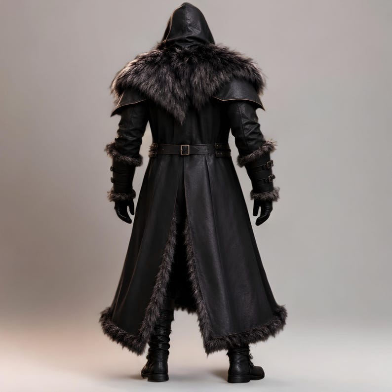 Black leather plague doctor costume with a deep hood, fur-trimmed shoulders, long gothic coat, layered front panels, adjustable leather straps, arm guards, and matching leather leg armor. Dark medieval fantasy outfit with a mysterious plague doctor aesthetic, ideal for Halloween, gothic cosplay, LARP events, horror parties, Renaissance fairs, conventions, theatrical performances, themed photoshoots, and dark fantasy events. Handmade with custom sizing and customization options available.