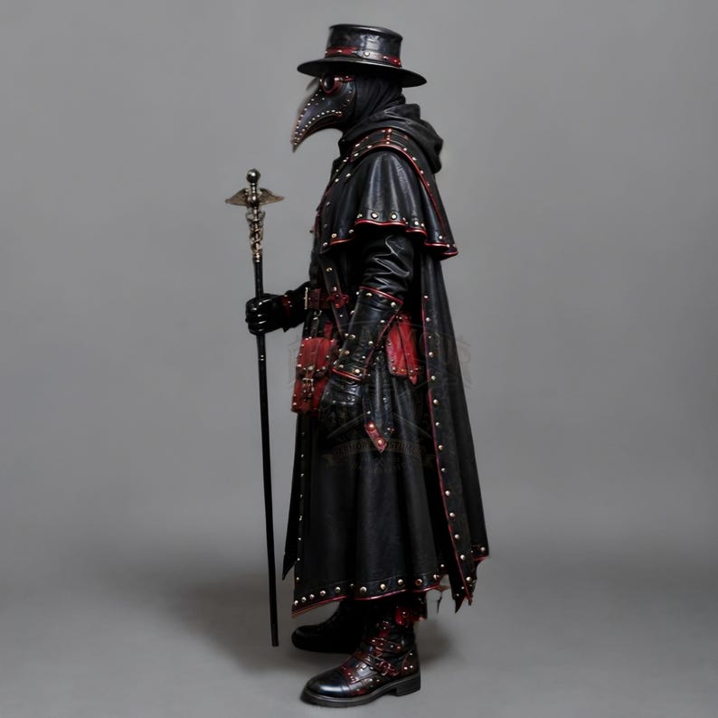 Black leather plague doctor costume coat with red leather detailing, layered shoulder armor, decorative rivets, straps, long sleeves, matching leather gloves and bracers. Gothic dark fantasy and steampunk inspired outfit for Halloween, cosplay, LARP, Renaissance fairs, festivals, photoshoots and costume parties. Handmade leather plague doctor outfit with customizable sizing. Hat, mask, bags, staff and other accessories are not included.