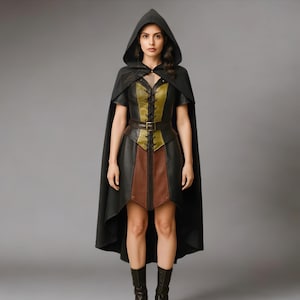 Fantasy Medieval Hooded Cloak Dress | Women&#39;s Leather Corset Style Gothic Costume | Stylish Renaissance Fantasy Armor for Cosplay & Roleplay