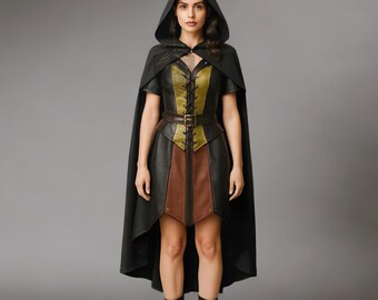 Vestido de armadura medieval com capa de couro | Fantasia gótica para cosplay, vestido de guerreiro justo renascentista