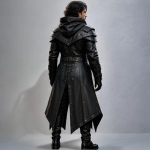 Black leather hooded warrior armor coat, dark gothic medieval fantasy outfit. Long silhouette with layered shoulder panels, attached hood, adjustable front buckles, detailed forearm sections, and full-length design. Genuine black leather, handmade, solid black color. Perfect for LARP, Renaissance fairs, Halloween cosplay, medieval festivals, photoshoots, stage performances, and themed events. Unisex medieval inspired warrior armor coat with strong tactical and fantasy warrior look.
