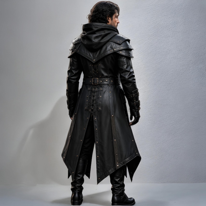 Black leather hooded warrior armor coat, dark gothic medieval fantasy outfit. Long silhouette with layered shoulder panels, attached hood, adjustable front buckles, detailed forearm sections, and full-length design. Genuine black leather, handmade, solid black color. Perfect for LARP, Renaissance fairs, Halloween cosplay, medieval festivals, photoshoots, stage performances, and themed events. Unisex medieval inspired warrior armor coat with strong tactical and fantasy warrior look.