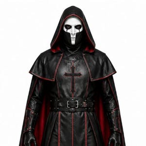 Black leather gothic priest costume with a deep hood, red-lined flowing cloak, structured front leather panels, cross-inspired detailing, wide waist belt, matching leather arm guards, and long sleeves. Dark medieval fantasy outfit designed for Halloween, gothic cosplay, LARP, horror events, conventions, theatrical performances, themed parties, and photoshoots. Handmade leather costume with custom sizing and customization options available.