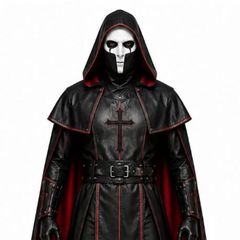 Black leather gothic priest costume with a deep hood, red-lined flowing cloak, structured front leather panels, cross-inspired detailing, wide waist belt, matching leather arm guards, and long sleeves. Dark medieval fantasy outfit designed for Halloween, gothic cosplay, LARP, horror events, conventions, theatrical performances, themed parties, and photoshoots. Handmade leather costume with custom sizing and customization options available.