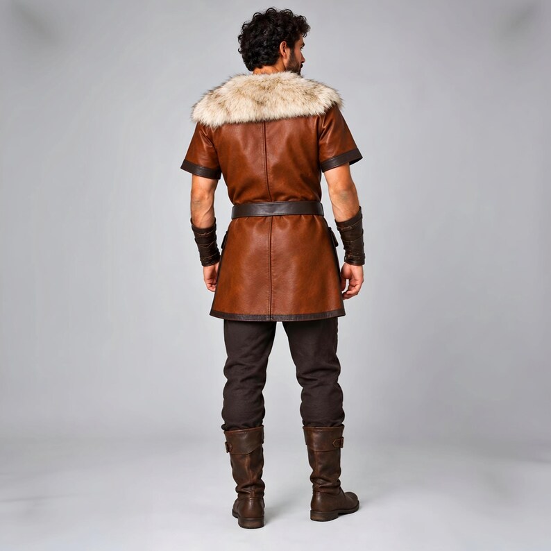 Men’s Viking leather tunic costume in brown leather with a wide fur shoulder collar, dark brown trim, adjustable buckle closures, waist belt, utility pouches, and matching leather forearm bracers. Front and back views show the knee-length Norse warrior tunic with short sleeves, fur across the shoulders, fitted belt, and medieval detailing. Ideal for Viking cosplay, LARP, Renaissance fairs, Halloween, fantasy events, and Norse warrior costumes.