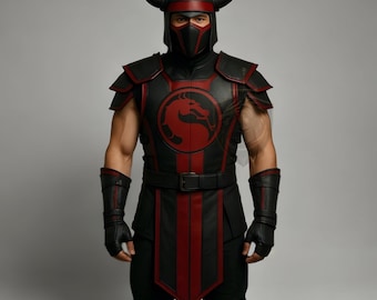 Armadura de cuero de guerrero ninja inspirada en Mortal Kombat / Emblema de dragón rojo negro Disfraz de Halloween para cosplay