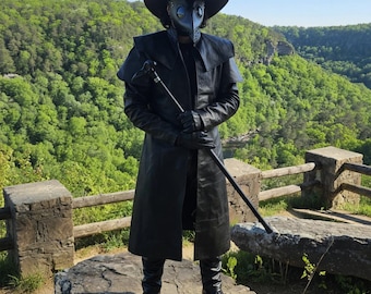 Plague Doctor Black Leather Trench Coat | Steampunk Gothic Long Coat Costume