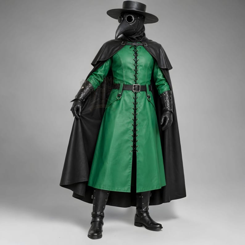 Doctor Doom Inspired Costume | Men's Green Leather Plague Doctor Coat | Black Cloak Halloween Cosplay