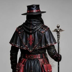 Black leather plague doctor costume coat with gothic and steampunk styling, red leather details, layered shoulder armor, straps, rivets, long sleeves, gloves and matching bracers. Dark fantasy medieval inspired cosplay outfit for Halloween, LARP, Renaissance fairs, photoshoots, festivals and costume parties. Handmade leather outerwear with a dramatic plague doctor aesthetic and customizable fit. Hat, plague doctor mask, bags, staff and accessories are not included and can be ordered separately.!