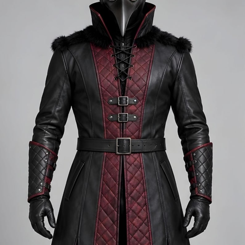 Front and back views of a handmade black and burgundy leather plague doctor costume featuring a long gothic coat, quilted red panels, lace-up chest, buckle closures, waist belt, fur-trimmed shoulders, high collar, split coat tails, matching leather bracers, black gloves, pants, tall boots, wide-brim hat, and classic beak mask with round red lenses. Ideal for Halloween cosplay, gothic steampunk events, Renaissance fairs, LARP, costume parties, stage performances, and dark fantasy looks.