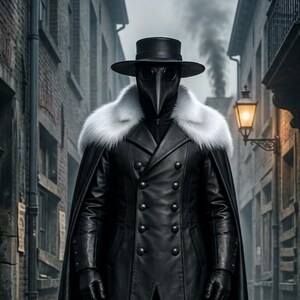 Men’s black leather Plague Doctor costume featuring a long double-breasted gothic coat, white fur shoulder collar, flowing black cape, matching leather pants, gloves, black boots, wide-brim hat, and classic beaked Plague Doctor mask. Full-body medieval dark fantasy outfit shown in an old plague-era street setting, ideal for Halloween cosplay, gothic events, LARP, Renaissance fairs, steampunk costumes, horror conventions, theater, and photoshoots.