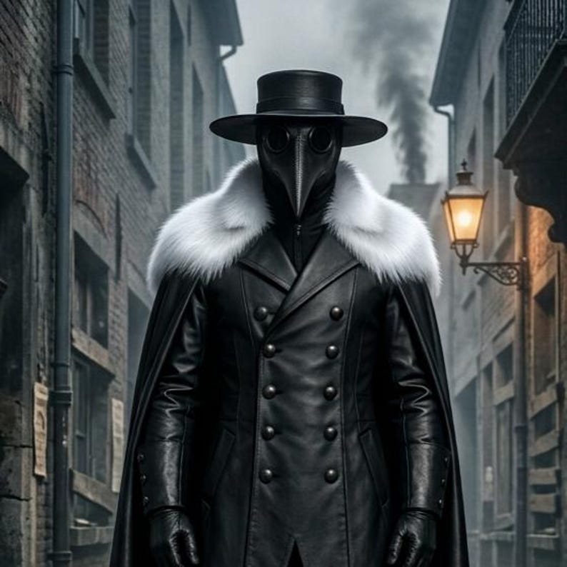 Men’s black leather Plague Doctor costume featuring a long double-breasted gothic coat, white fur shoulder collar, flowing black cape, matching leather pants, gloves, black boots, wide-brim hat, and classic beaked Plague Doctor mask. Full-body medieval dark fantasy outfit shown in an old plague-era street setting, ideal for Halloween cosplay, gothic events, LARP, Renaissance fairs, steampunk costumes, horror conventions, theater, and photoshoots.