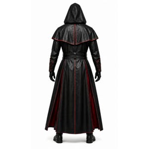 Black leather gothic priest costume with a deep hood, red-lined flowing cloak, structured front leather panels, cross-inspired detailing, wide waist belt, matching leather arm guards, and long sleeves. Dark medieval fantasy outfit designed for Halloween, gothic cosplay, LARP, horror events, conventions, theatrical performances, themed parties, and photoshoots. Handmade leather costume with custom sizing and customization options available.