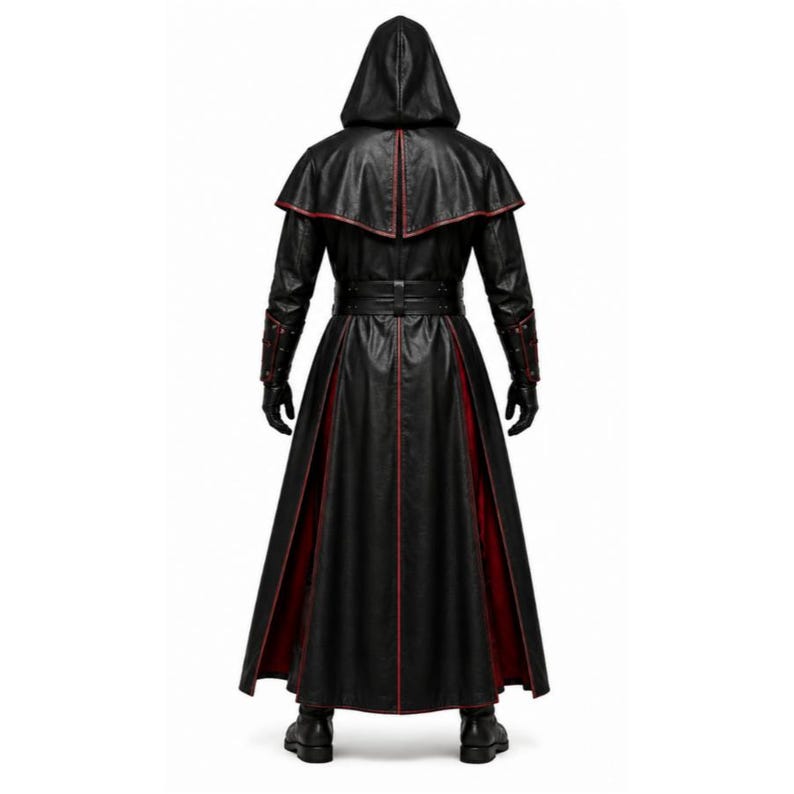 Black leather gothic priest costume with a deep hood, red-lined flowing cloak, structured front leather panels, cross-inspired detailing, wide waist belt, matching leather arm guards, and long sleeves. Dark medieval fantasy outfit designed for Halloween, gothic cosplay, LARP, horror events, conventions, theatrical performances, themed parties, and photoshoots. Handmade leather costume with custom sizing and customization options available.