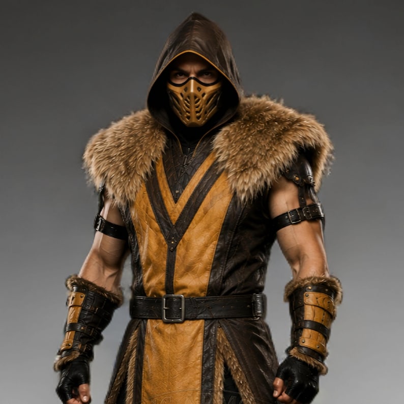 Black leather Viking ninja armor costume with antique gold leather panels, fur-trimmed shoulders, deep hood, adjustable waist belt, layered front armor, matching leather arm bracers, wrist guards and lower leg armor. Handmade medieval fantasy outfit with a rugged warrior-inspired design, suitable for Halloween, LARP, cosplay, Renaissance fairs, conventions, themed parties and fantasy photoshoots. Custom sizing and color options available.