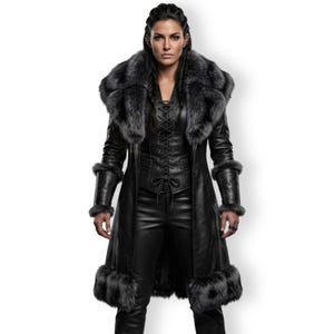 Women’s black Viking leather fur coat costume featuring a dramatic fur-trimmed collar, fitted lace-up front, long sleeves, structured cuffs, and a long medieval warrior silhouette. Handmade Shieldmaiden-inspired outfit for Halloween, Viking cosplay, LARP events, Renaissance fairs, medieval festivals, fantasy conventions, Gothic parties, winter events, stage performances, themed photoshoots, and Norse warrior looks. Custom sizing, color options, and made-to-order craftsmanship available for you.