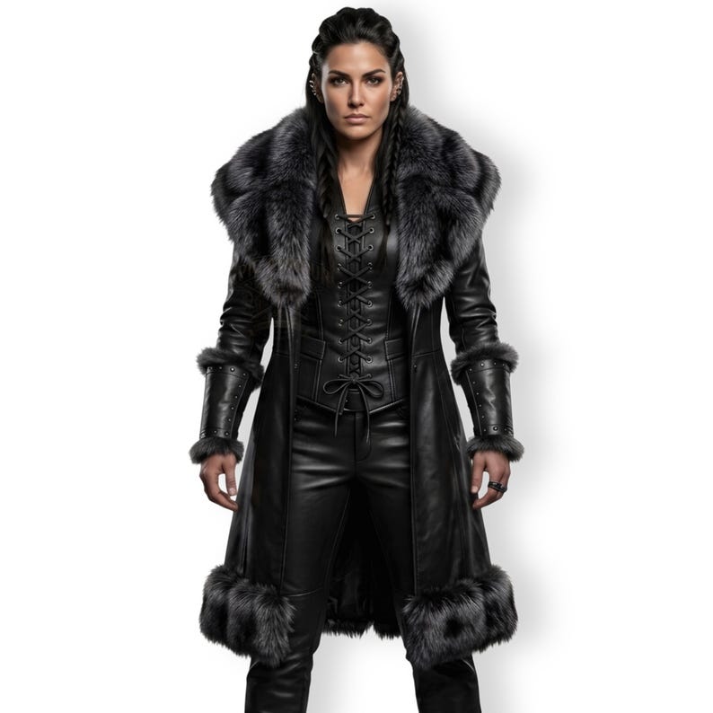 Women’s Viking Leather Fur Coat | Norse Shieldmaiden Medieval Halloween LARP Cosplay Renaissance Faire Costume