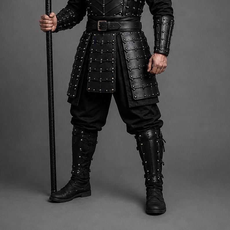 Black samurai armor costume featuring a dark Japanese warrior design with layered leather chest armor, shoulder guards, arm bracers, waist belt, front panels and leg guards. Detailed metal rivets and adjustable straps create a strong medieval LARP and cosplay look. Handmade black leather warrior armor for Halloween, cosplay conventions, Renaissance fairs, photoshoots and fantasy events. Custom sizing is available. Helmet, stick, weapon, footwear and other accessories are not included in photos.